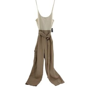 EXPRESS Wide Leg Linen Blend Jumpsuit Beige Belted Cargo Pockets